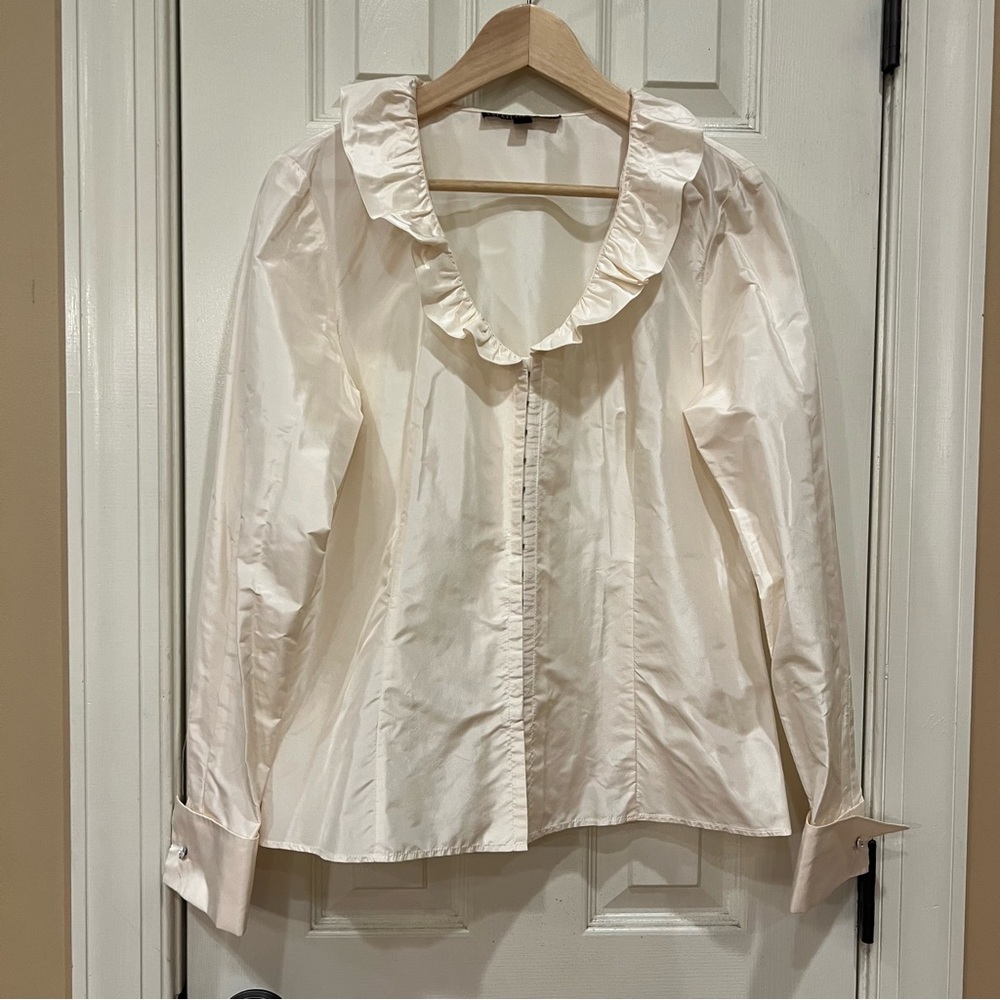 Lafayette 148 100% Silk Ruffle Blouse with Gem Button Cuffs Off White Cream 6